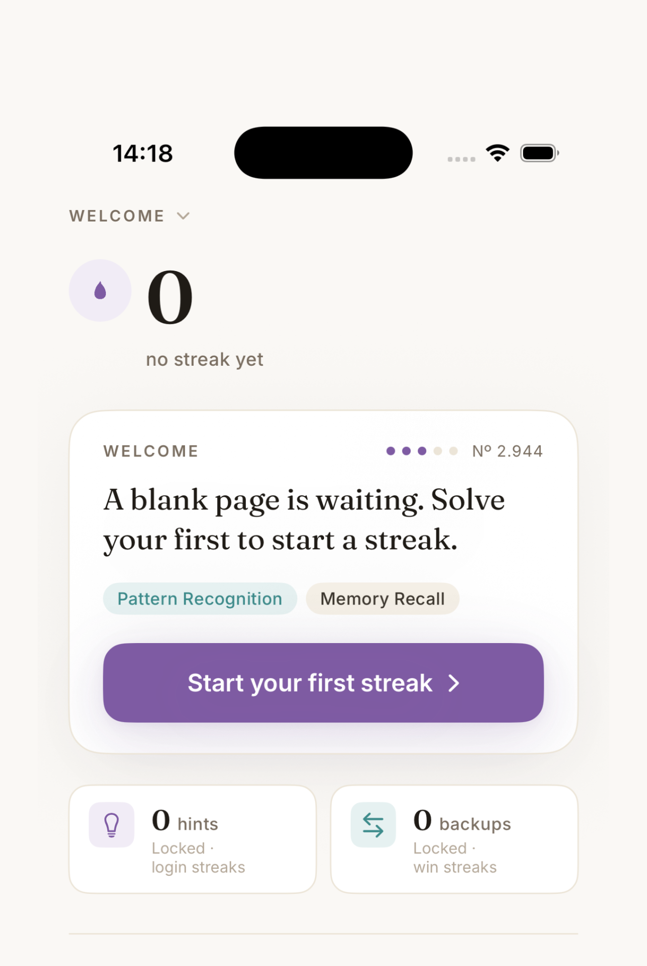 Riddle's home screen showing a blank-page welcome card and a Start your first streak button.