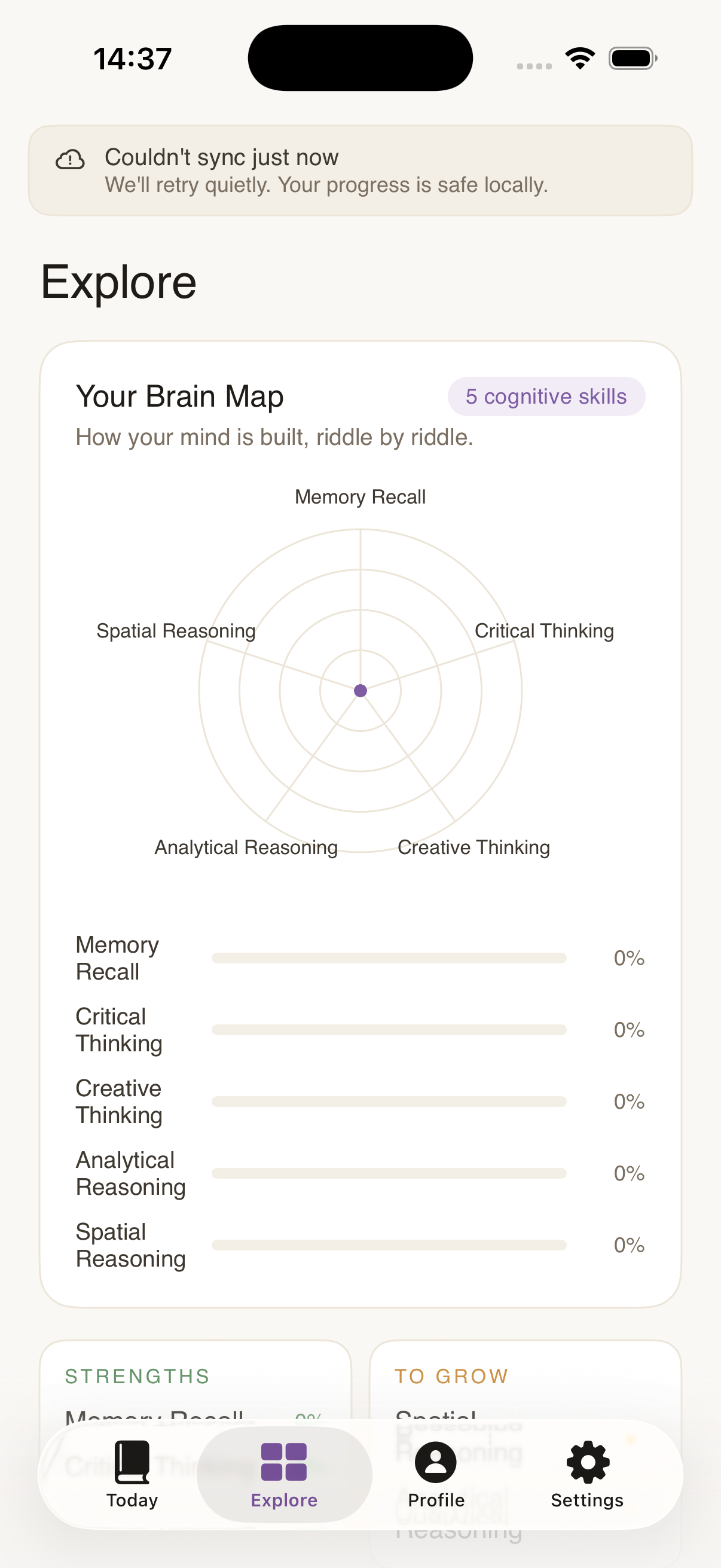 Explore tab: brain map radar with cognitive skill breakdowns.