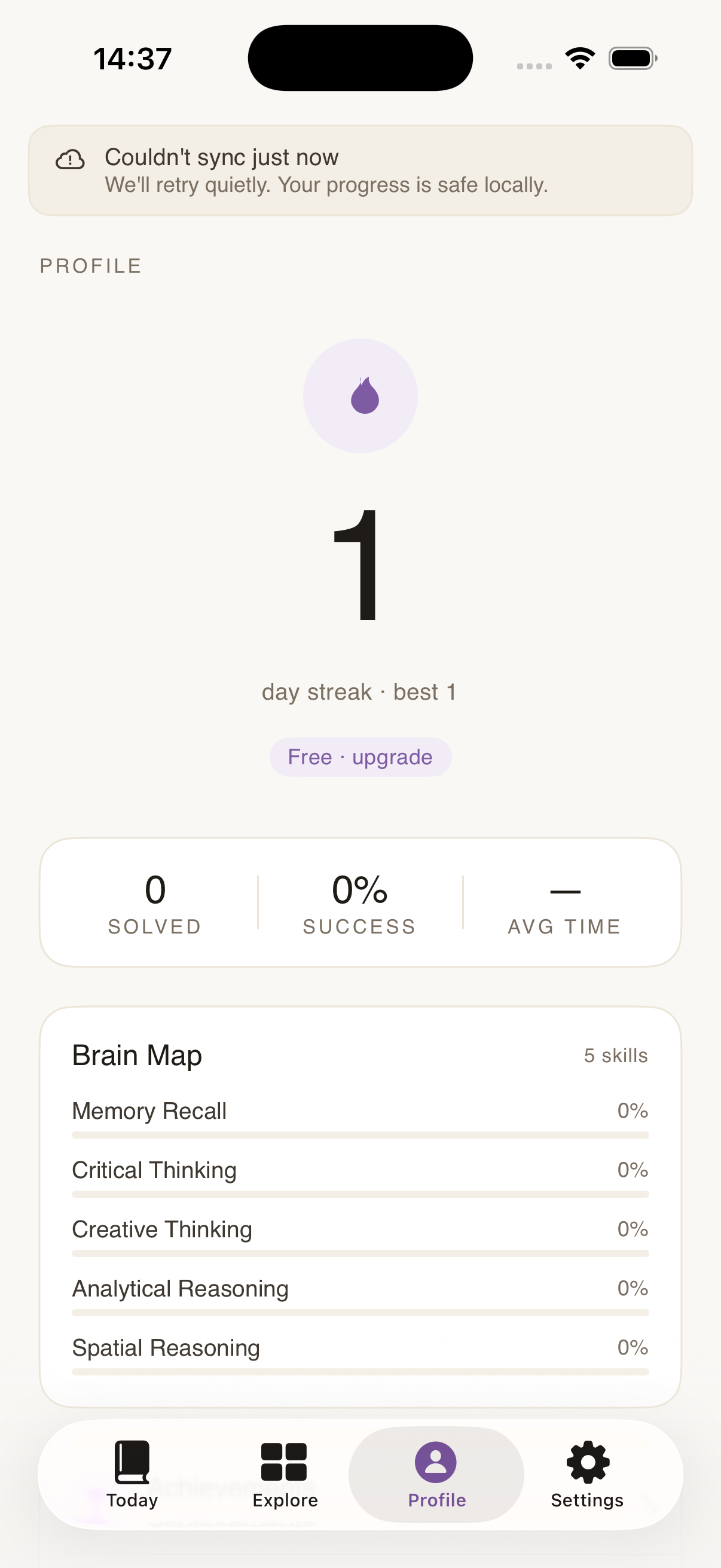 Profile tab: streak, solve rate, average time, brain map summary.