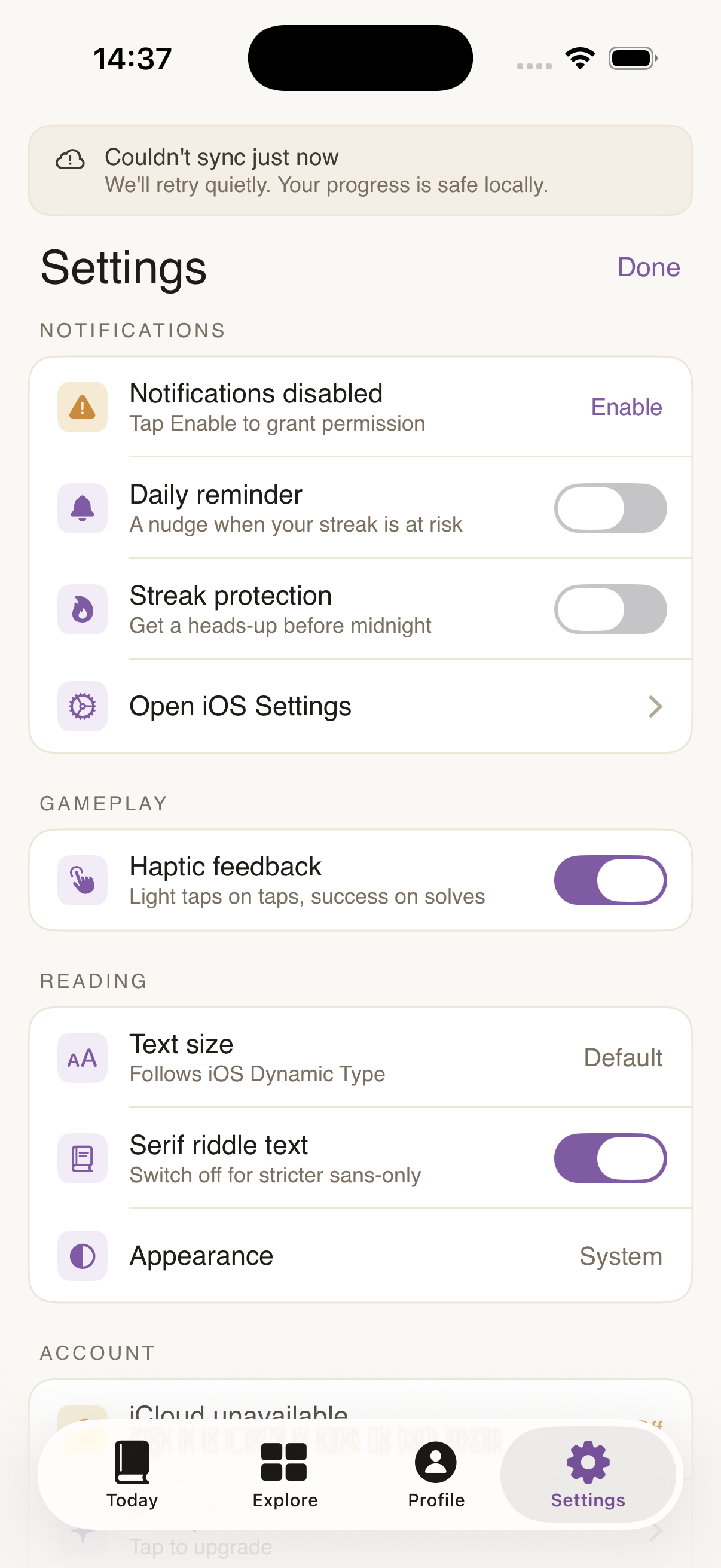 Settings tab: notifications, gameplay, reading, and account preferences.