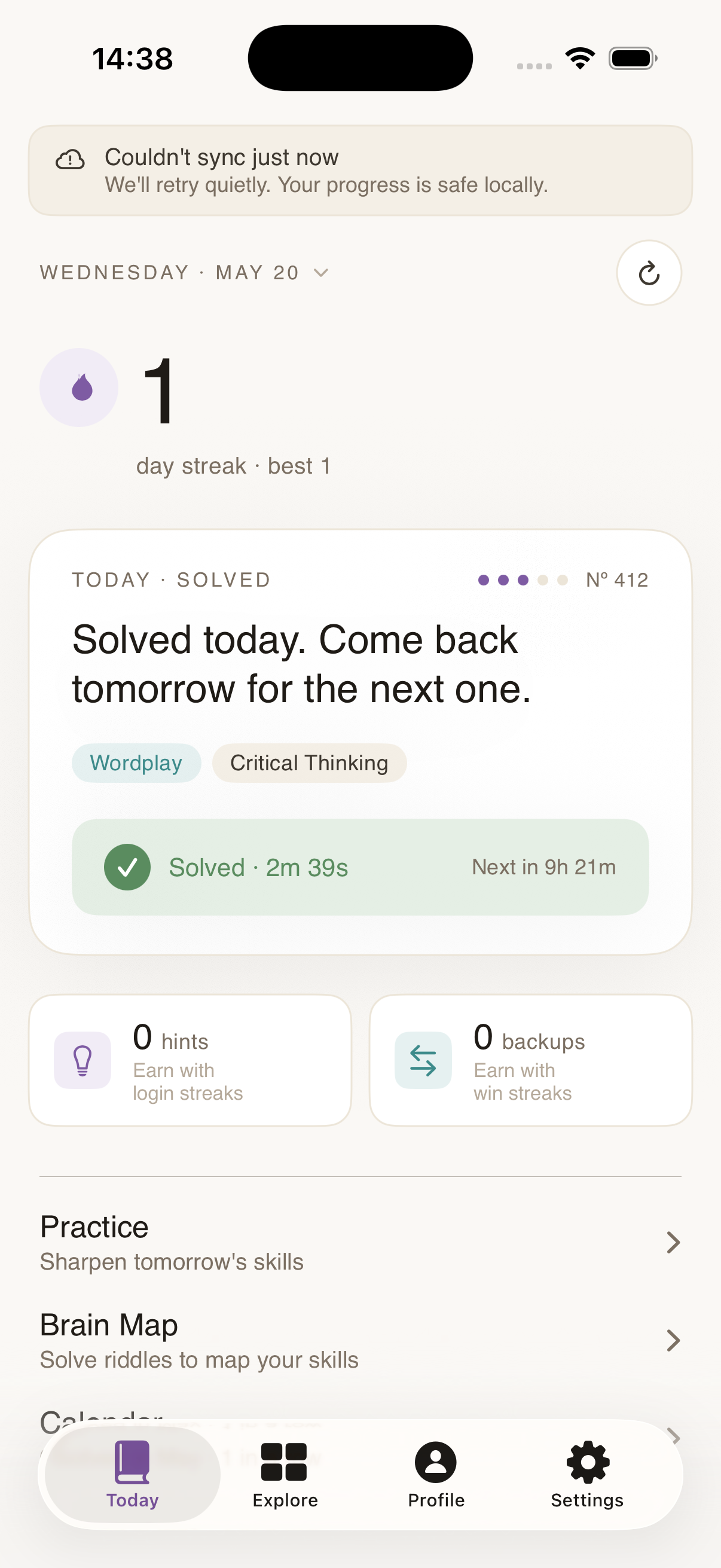 Today tab: today's riddle, streak, and quick links to Practice and Brain Map.